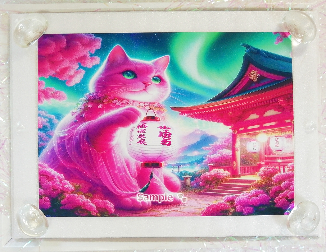 ネコ日本帝国 106 神社とピンク猫 絵画イラストオリジナル原画 2L