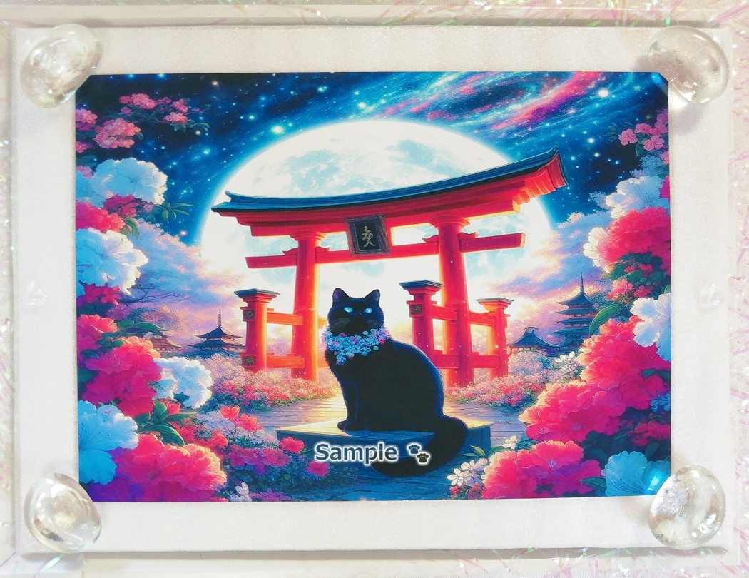 Empire des chats 111 2L Sanctuaire torii porte chat noir peinture art original