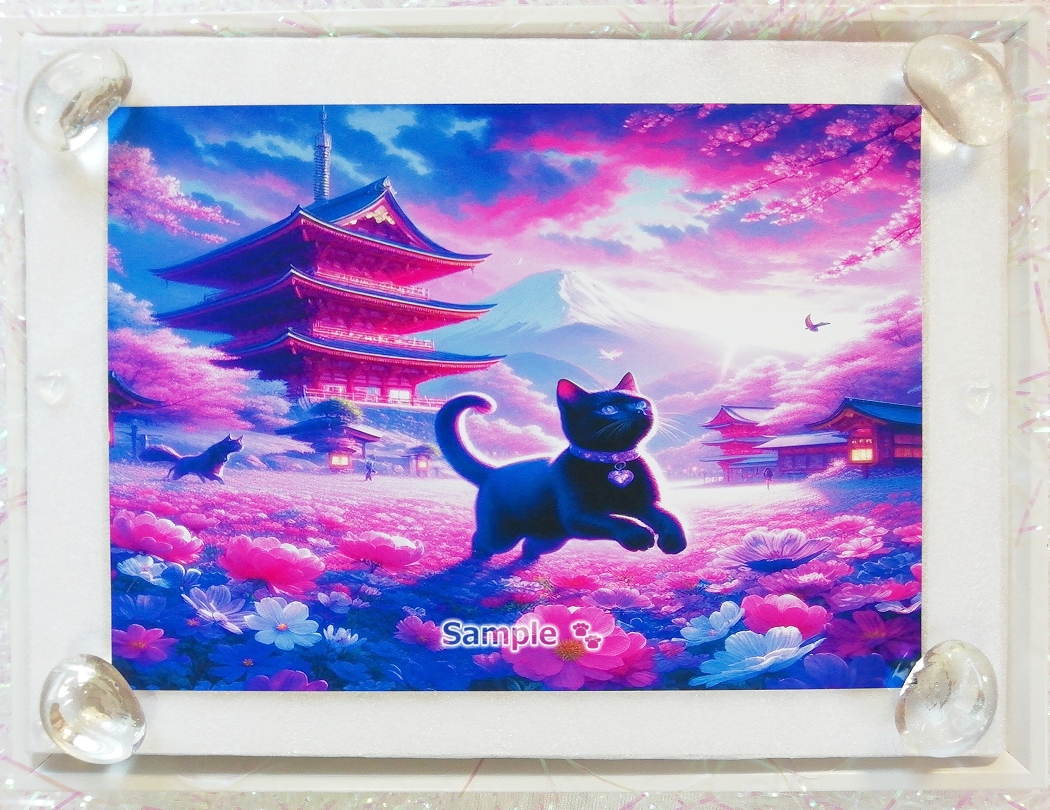 ネコ日本帝国 156 神社と黒猫 絵画イラストオリジナル原画 2L