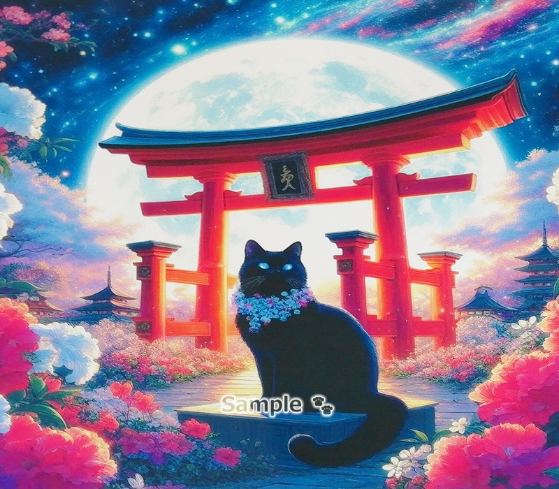 Cat Empire 111 2L Shrine torii gate black cat painting original art