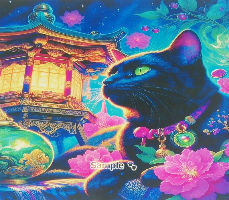 ネコ日本帝国 59 神社と黒猫 絵画イラストオリジナル原画 2L