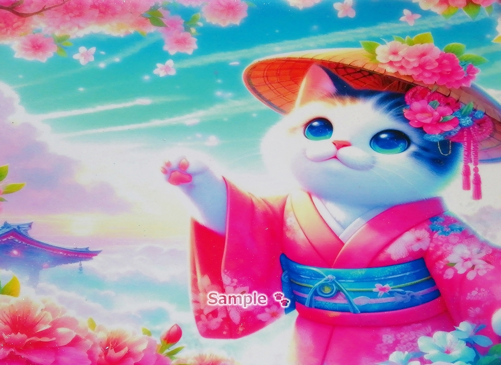 Empire des chats 101 A4 Chat calico kimono peinture dessinée à la main art CG original