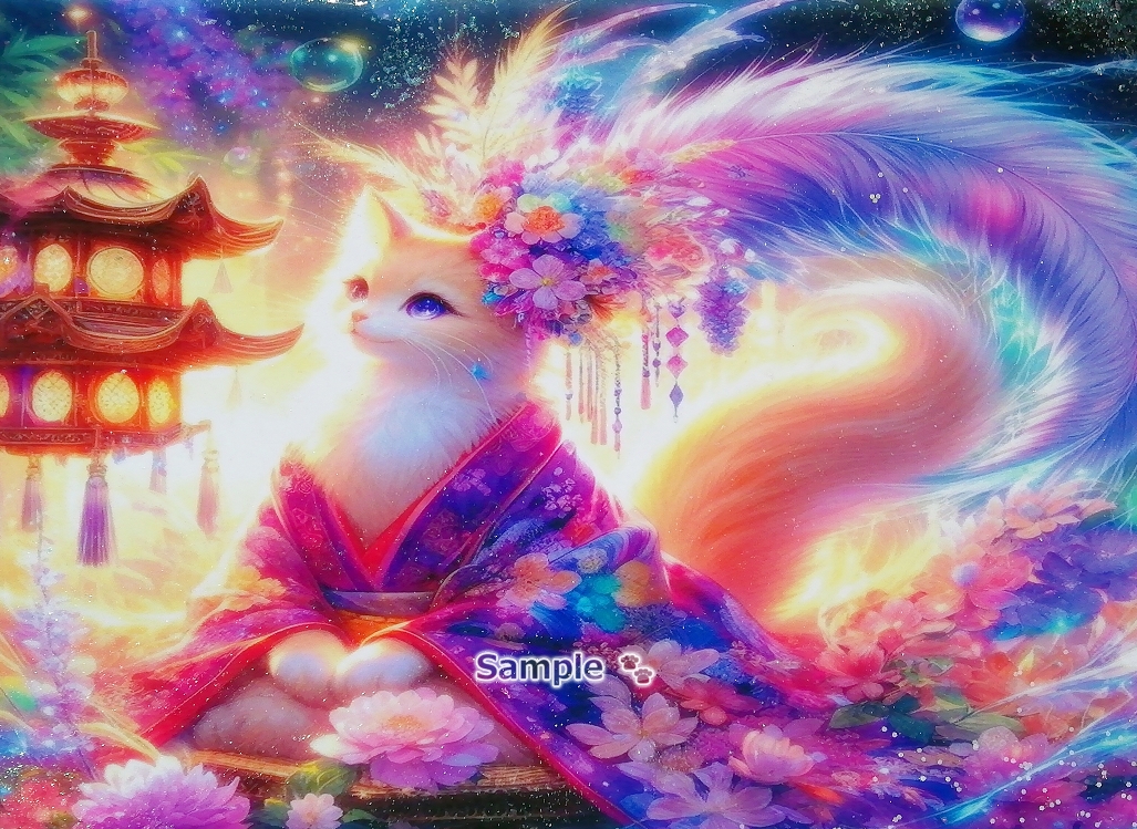 Empire des chats 104 A4 Chat de lin kimono peinture dessinée à la main art CG original