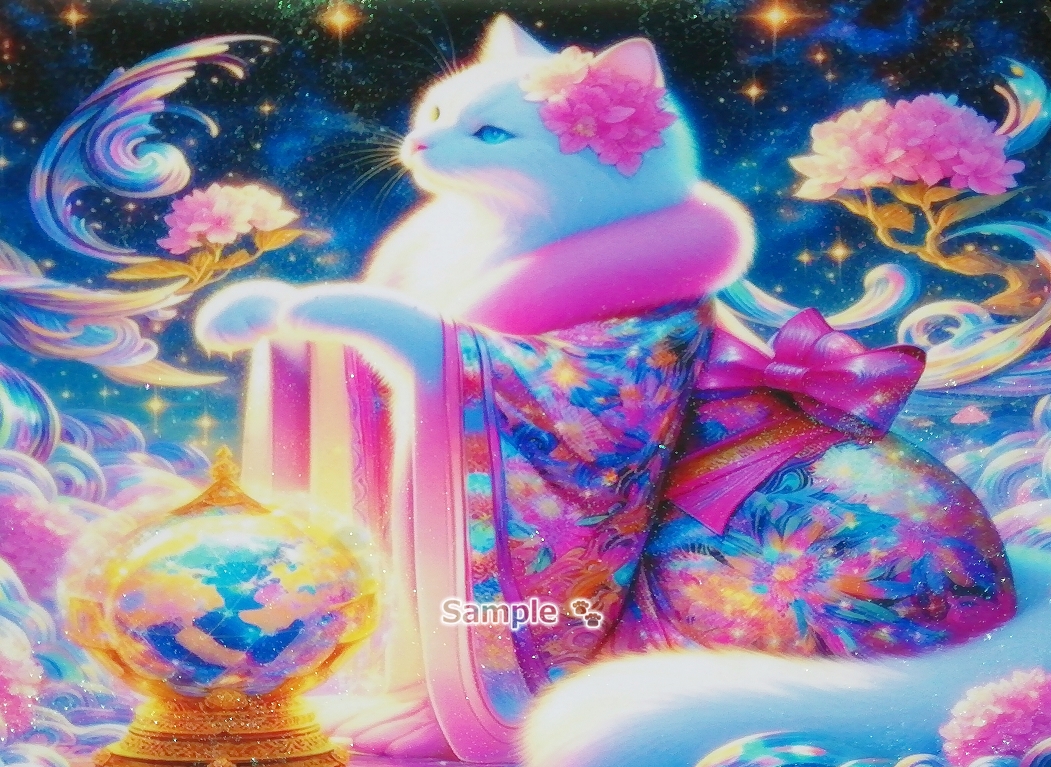 Imperio gato 105 A4 Kimono gato blanco dibujado a mano pintura arte CG original