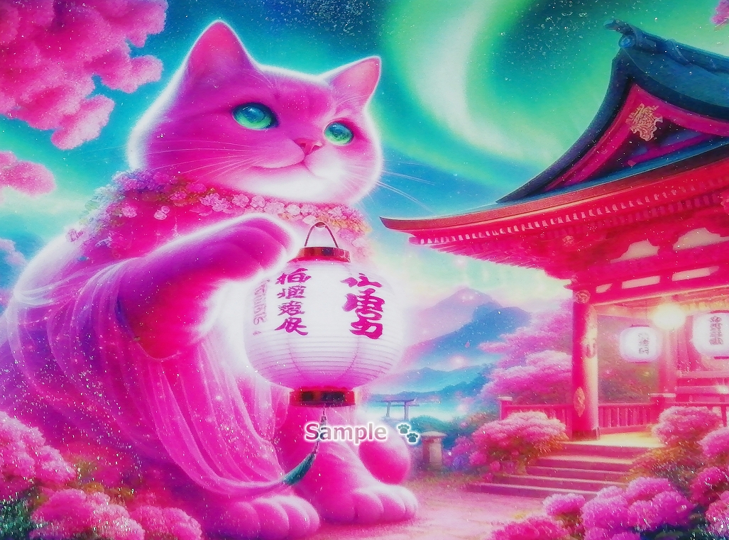 ネコ日本帝国 106 神社とピンク猫 手描き&CG 絵画イラストオリジナル原画 A4