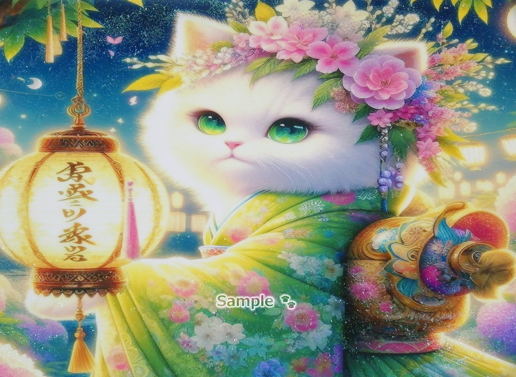 Empire des chats 109 A4 Kimono chat blanc peinture dessinée à la main art CG original