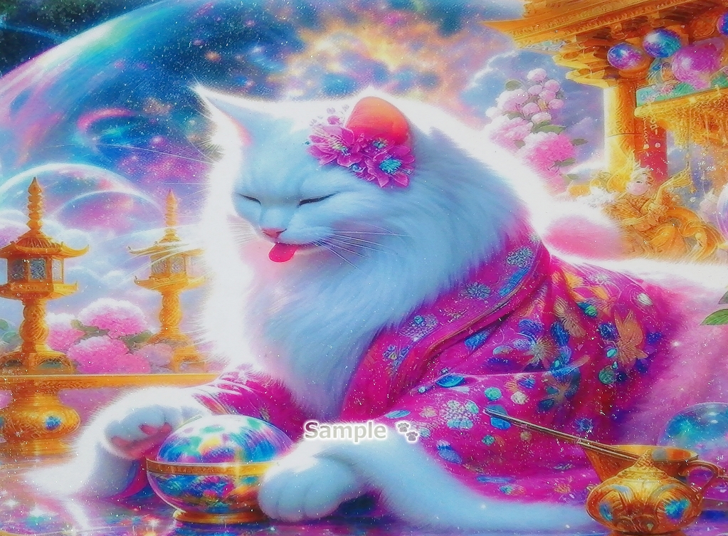 Imperio gato 110 A4 Kimono gato blanco dibujado a mano pintura arte CG original