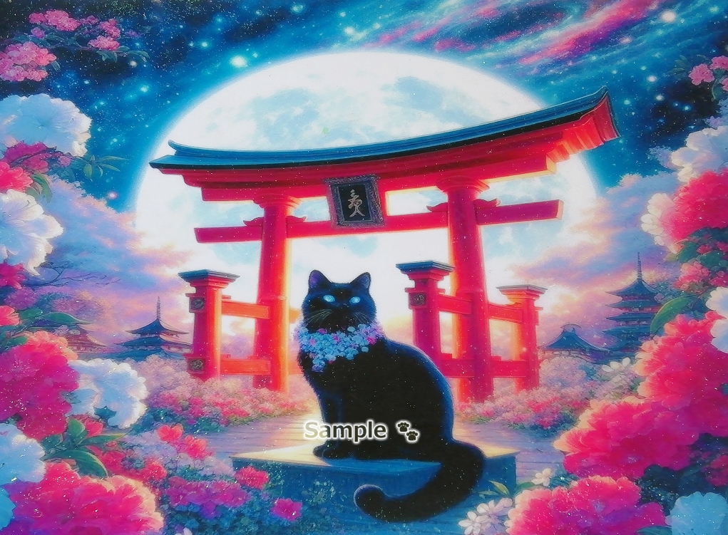 Katzenimperium 111 A4 Schrein Torii Tor schwarze Katze Handgezeichnetes Gemälde Original CG kunst