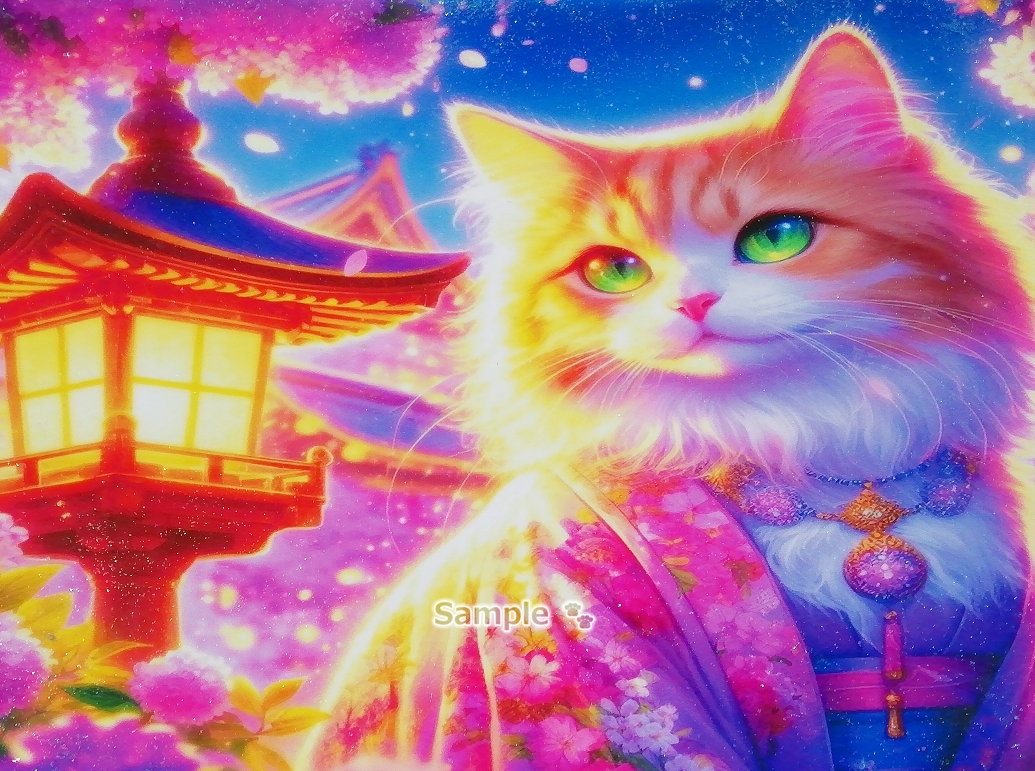 Empire des chats 114 A4 Chat de lin kimono peinture dessinée à la main art CG original