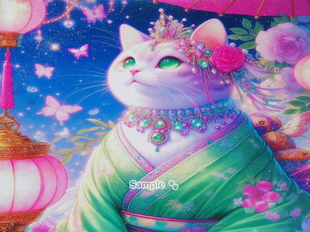 Cat empire 119 A4 Kimono white cat Hand drawn & painting CG original art