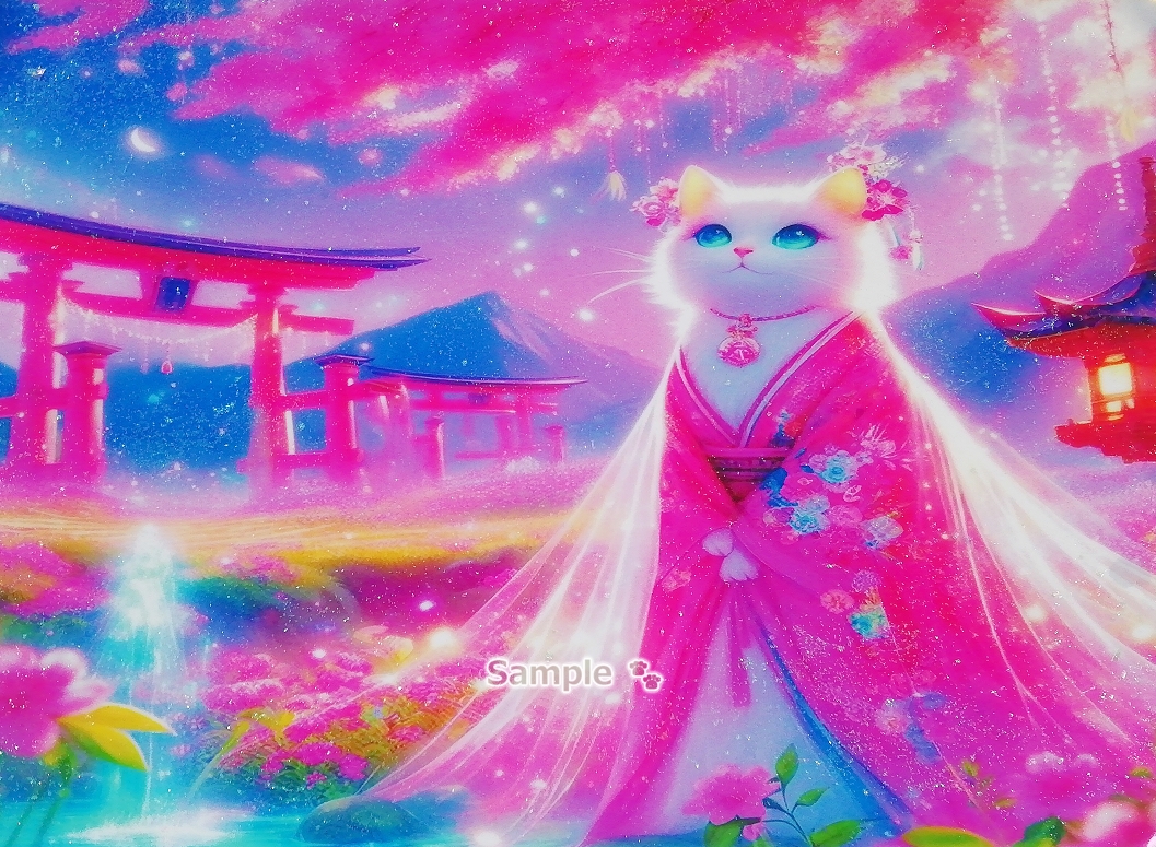 Katzenimperium 131 A4 Kimono weiße Katze Handgezeichnetes Gemälde Original CG kunst