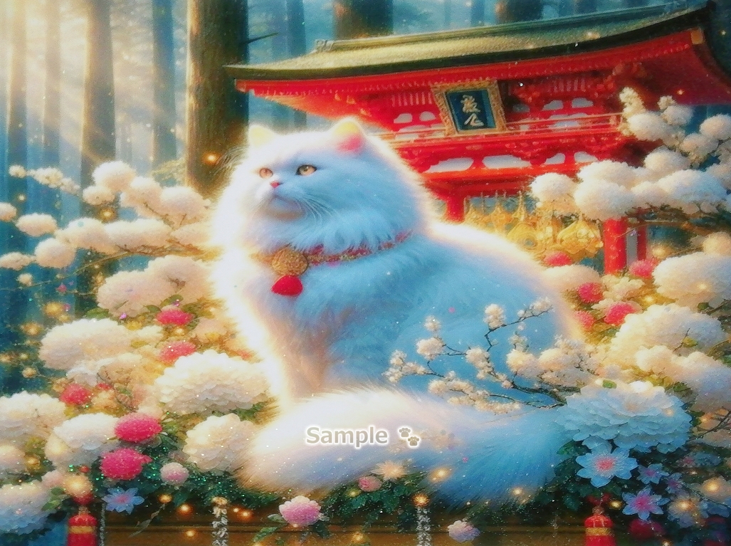 Imperio gato 153 A4 Santuario gato blanco esponjoso dibujado a mano pintura arte CG original