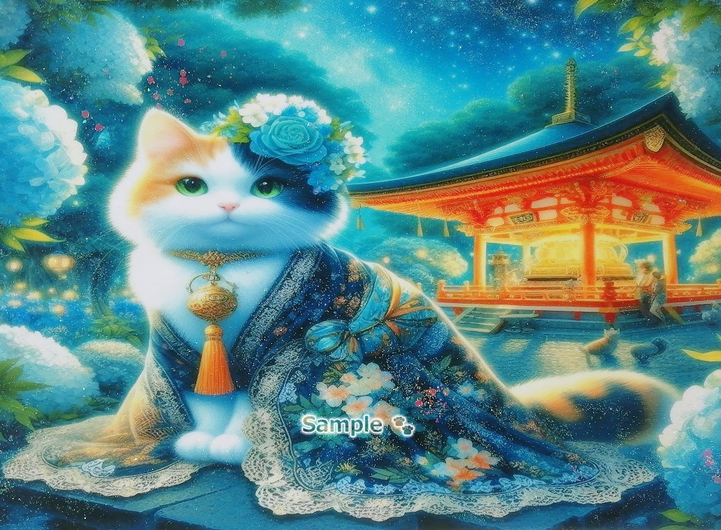 Empire des chats 20 A4 Chat calico kimono peinture dessinée à la main art CG original