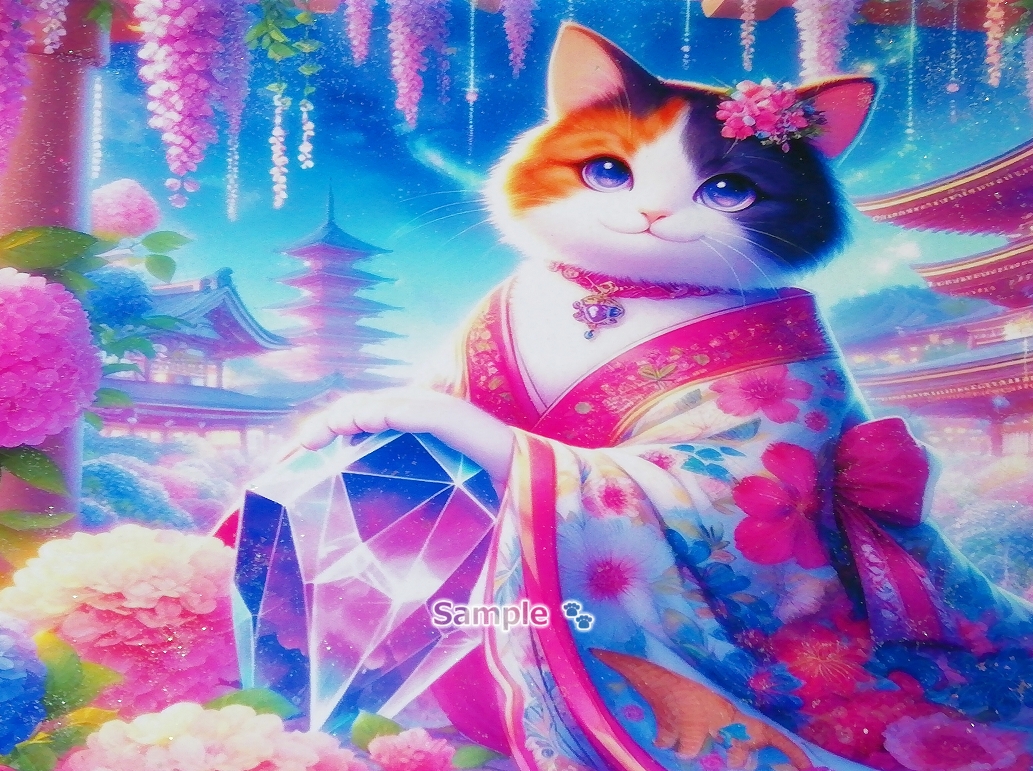 Empire des chats 24 A4 Chat calico kimono peinture dessinée à la main art CG original