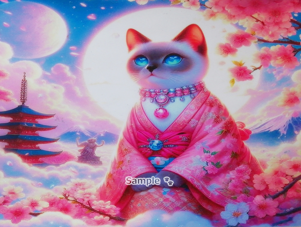 Imperio gato 29 A4 Kimono gato siamés dibujado a mano pintura arte CG original