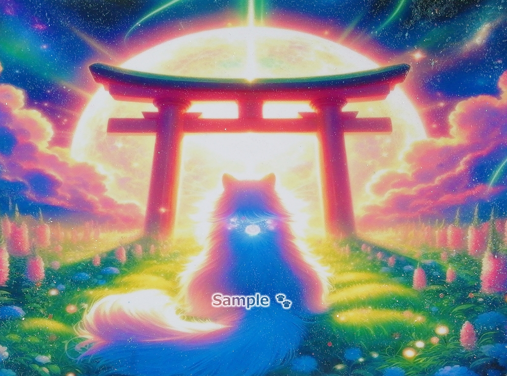 Imperio gato 03 A4 Santuario torii puerta gato blanco dibujado a mano pintura arte CG original