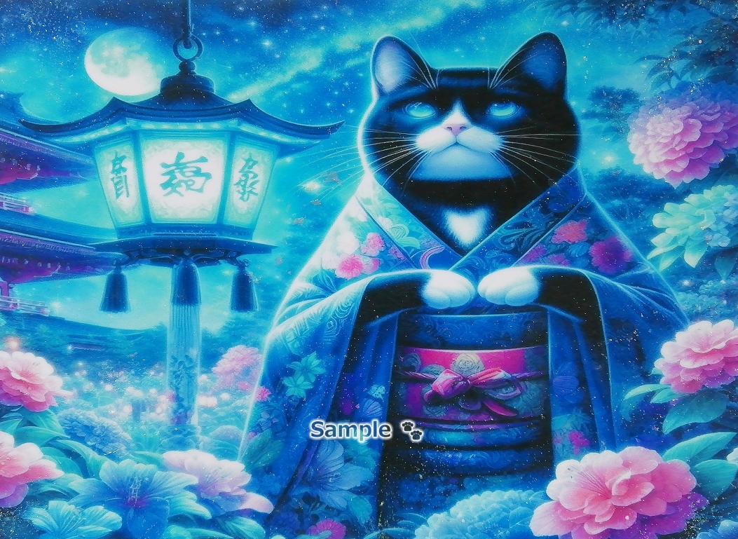 Empire des chats 31 A4 Kimono noir chat blanc peinture dessinée à la main art CG original