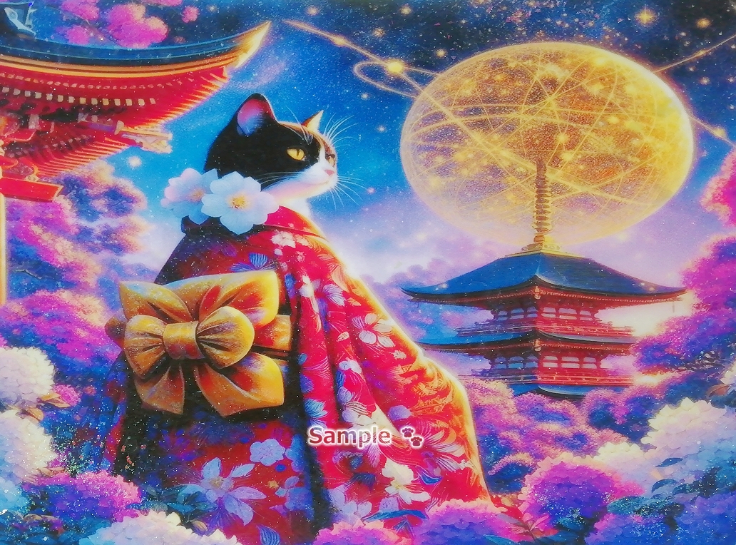 Empire des chats 40 A4 Kimono noir chat blanc peinture dessinée à la main art CG original