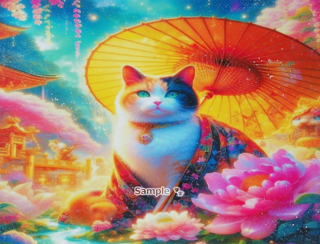 Empire des chats 43 A4 Chat calico kimono peinture dessinée à la main art CG original