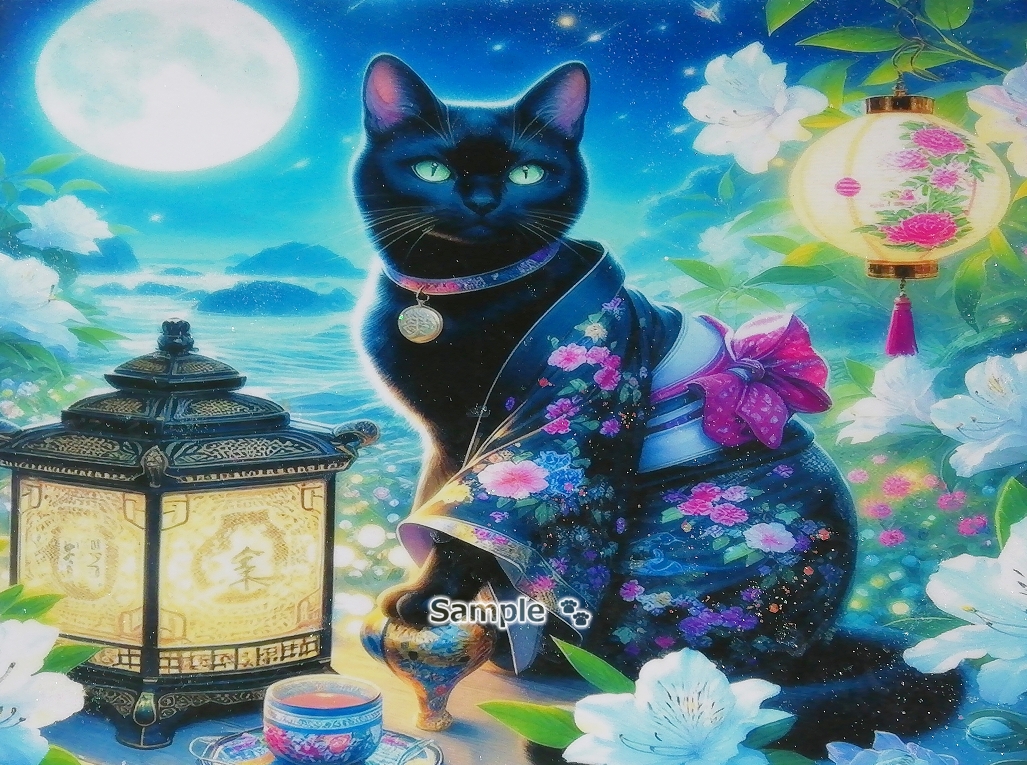 Imperio gato 45 A4 Kimono gato negro dibujado a mano pintura arte CG original