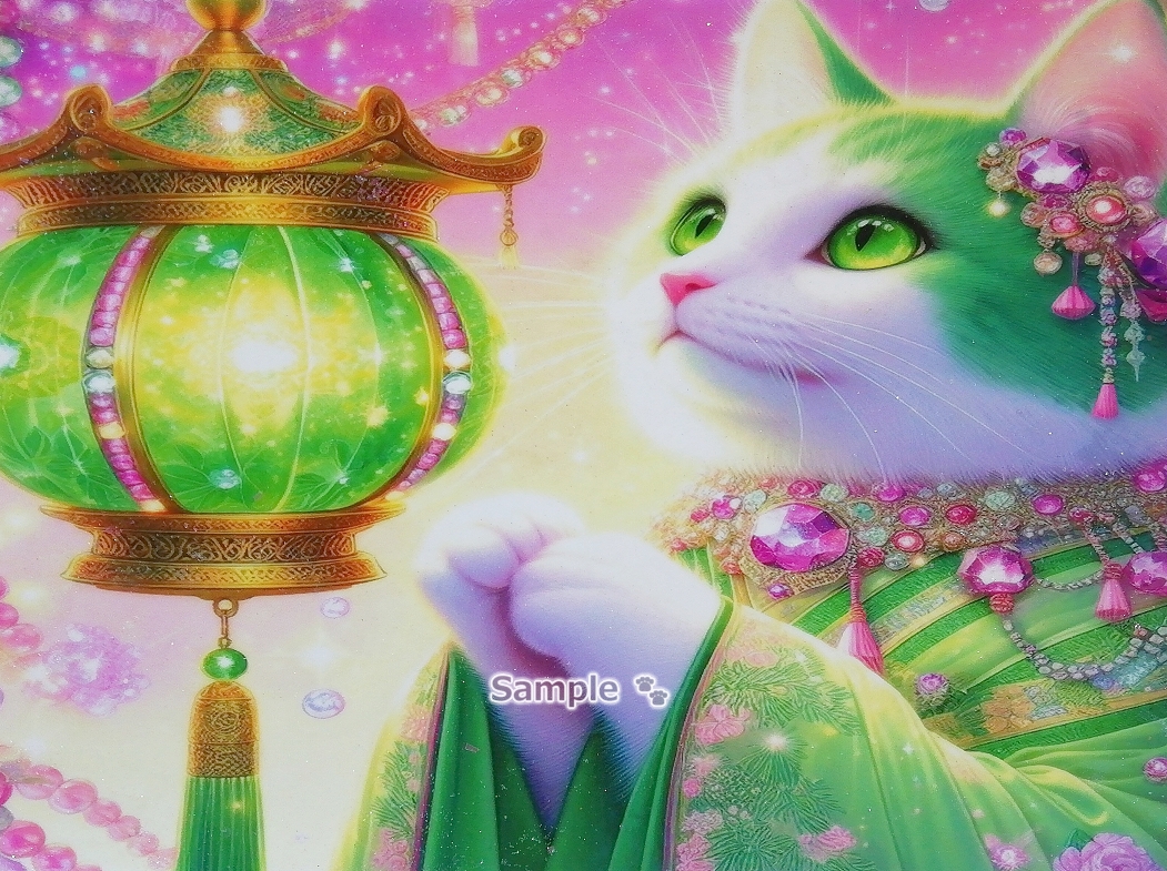 Imperio gato 50 A4 Kimono gato verde dibujado a mano pintura arte CG original