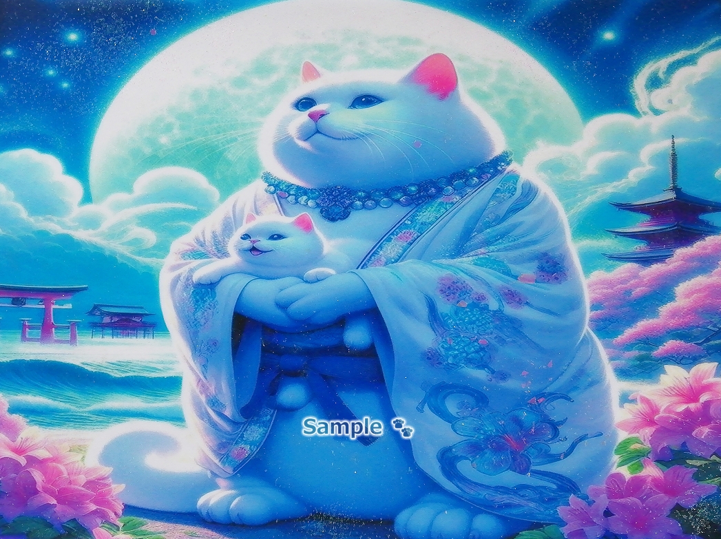 Katzenimperium 69 A4 Kimono weiße Katze Handgezeichnetes Gemälde Original CG kunst