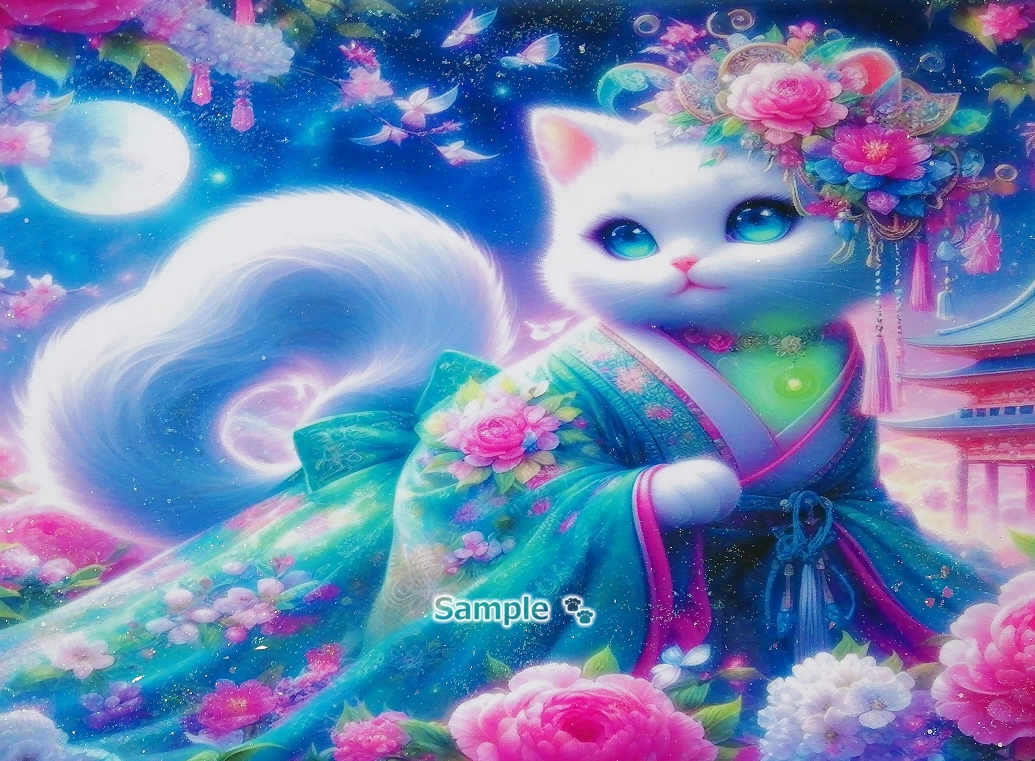 Imperio gato 70 A4 Kimono gato blanco dibujado a mano pintura arte CG original