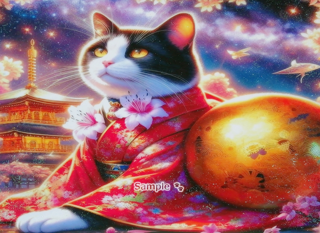 Imperio gato 84 A4 Kimono gato blanco negro pintura dibujada a mano arte CG original