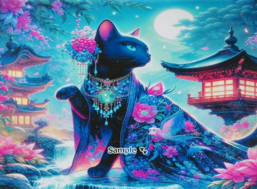 ネコ日本帝国 85 神社と黒猫 手描き&CG 絵画イラストオリジナル原画 A4