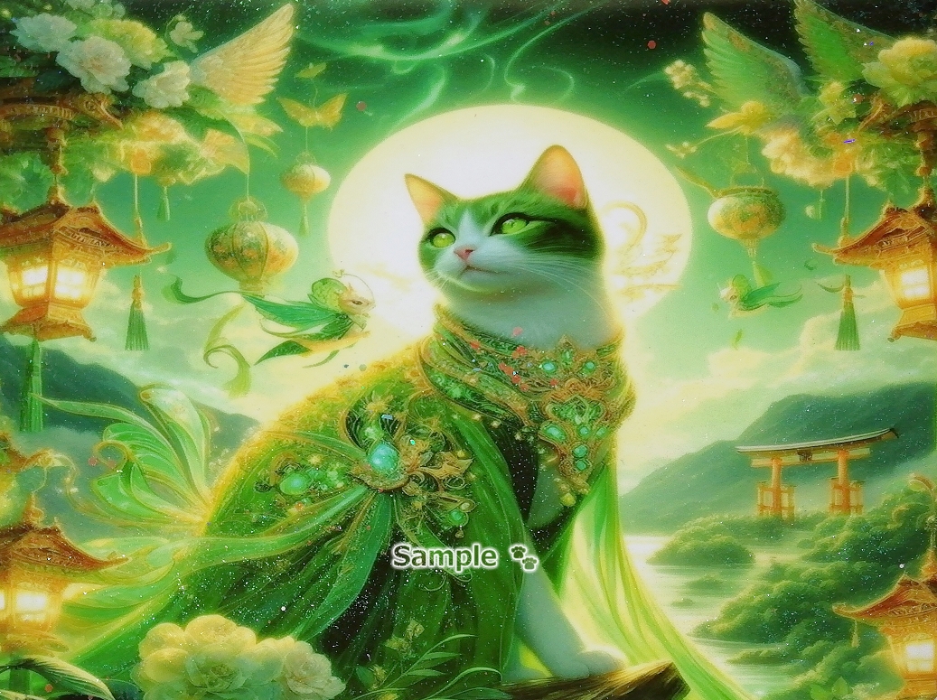 Cat empire 86 A4 Shrine green cat Hand drawn & painting CG original art