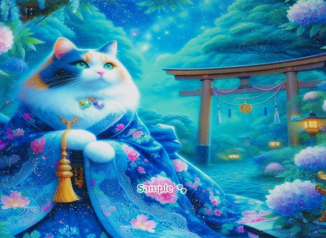 Empire des chats 91 A4 Chat calico kimono peinture dessinée à la main art CG original