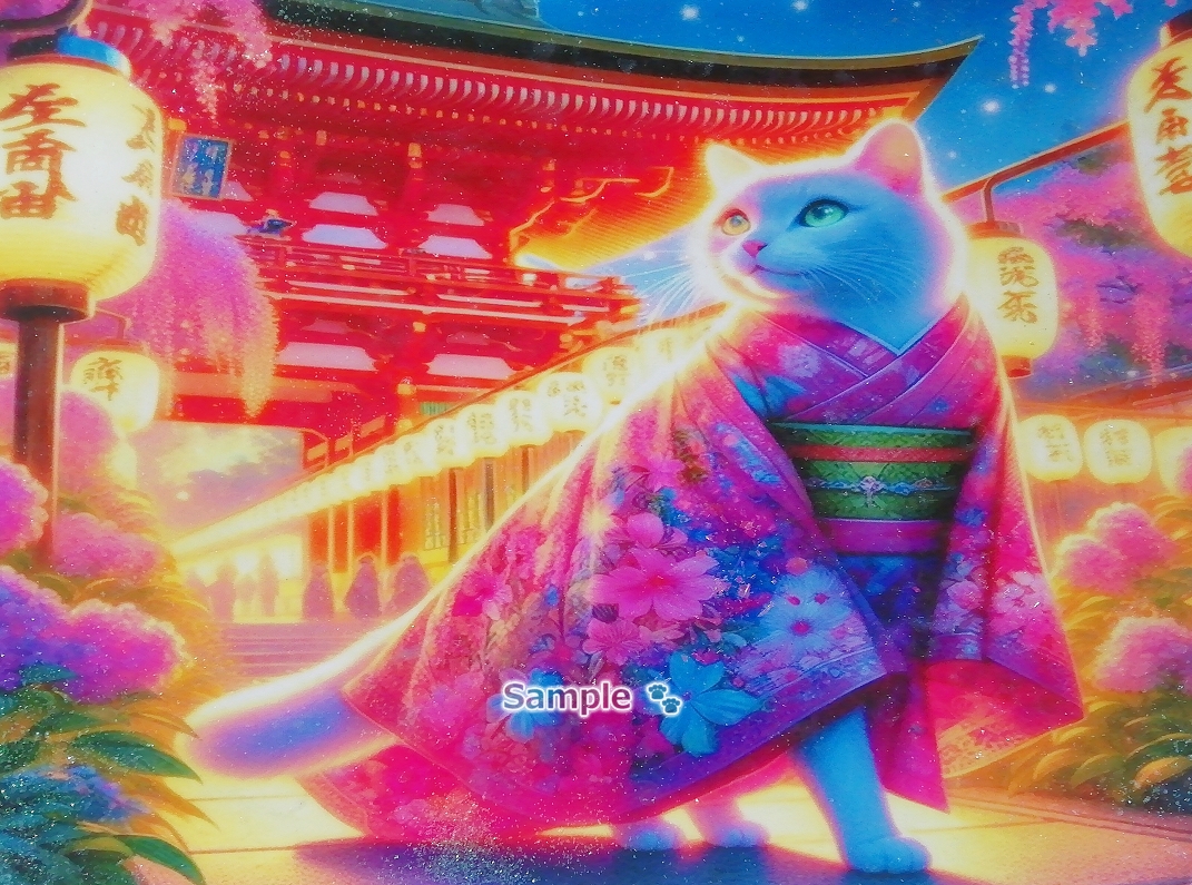 Empire des chats 92 A4 Kimono chat blanc peinture dessinée à la main art CG original