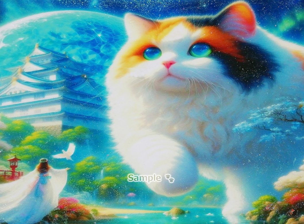 Imperio gato 97 A4 Castillo calico gato dibujado a mano pintura arte CG original