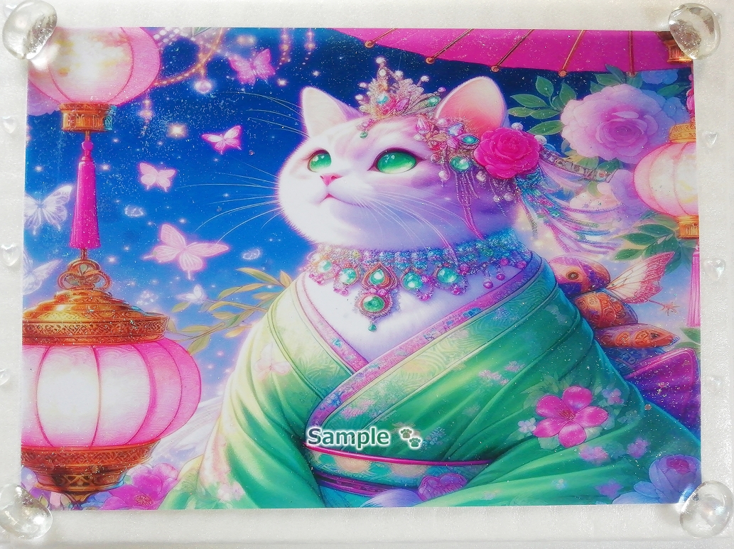 Imperio gato 119 A4 Kimono gato blanco dibujado a mano pintura arte CG original