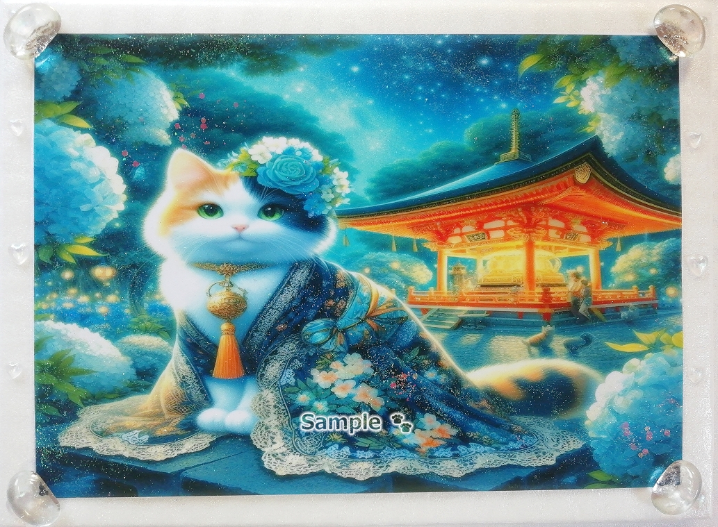 Empire des chats 20 A4 Chat calico kimono peinture dessinée à la main art CG original