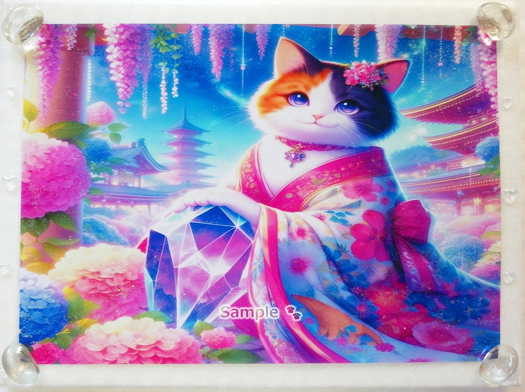 Empire des chats 24 A4 Chat calico kimono peinture dessinée à la main art CG original