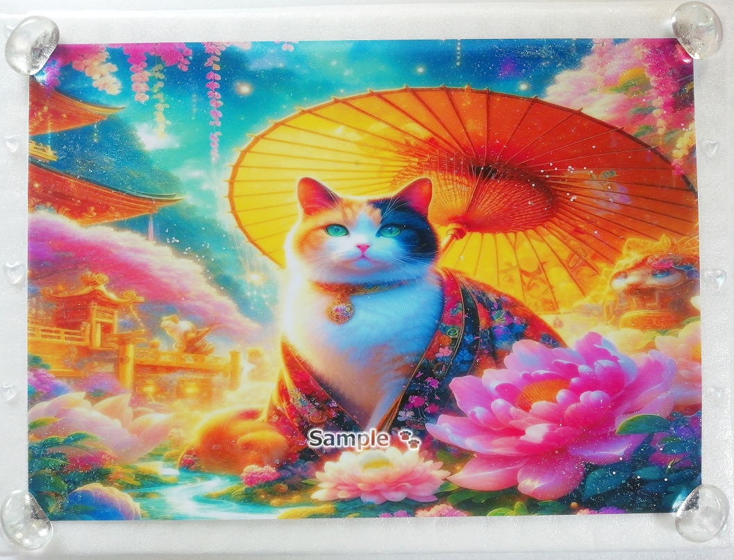 Empire des chats 43 A4 Chat calico kimono peinture dessinée à la main art CG original