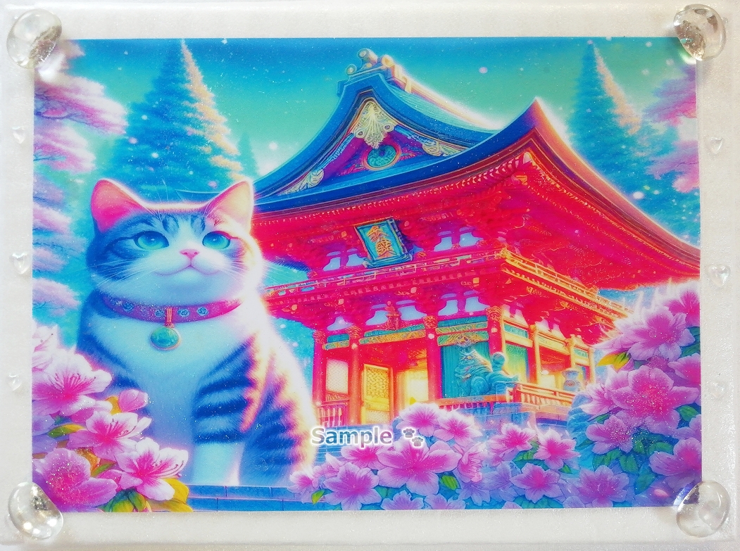 ネコ日本帝国 55 神社と虎猫 手描き&CG 絵画イラストオリジナル原画 A4