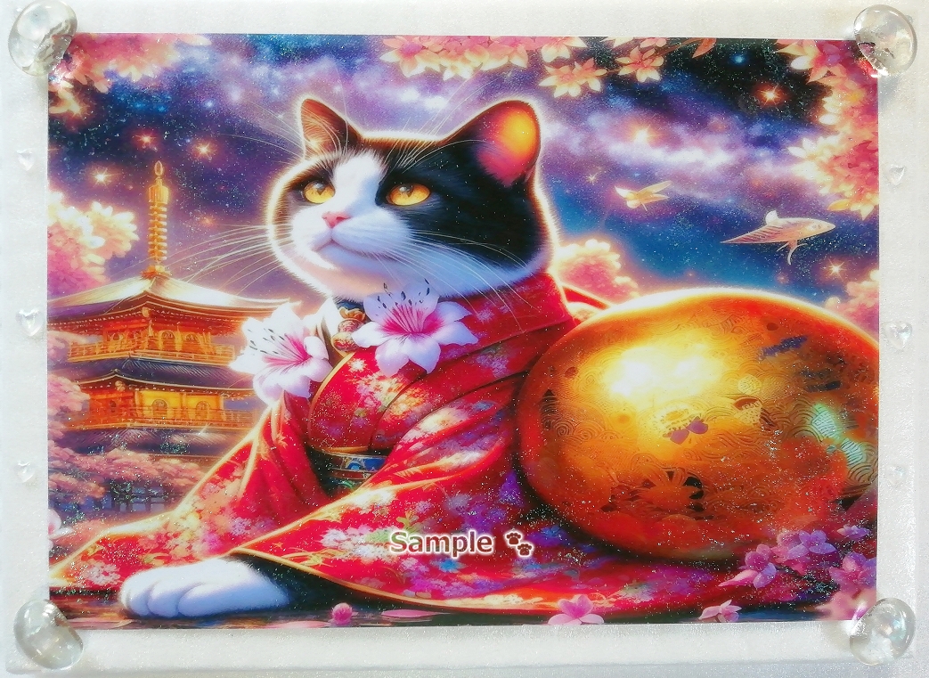 Empire des chats 84 A4 Kimono noir chat blanc peinture dessinée à la main art CG original