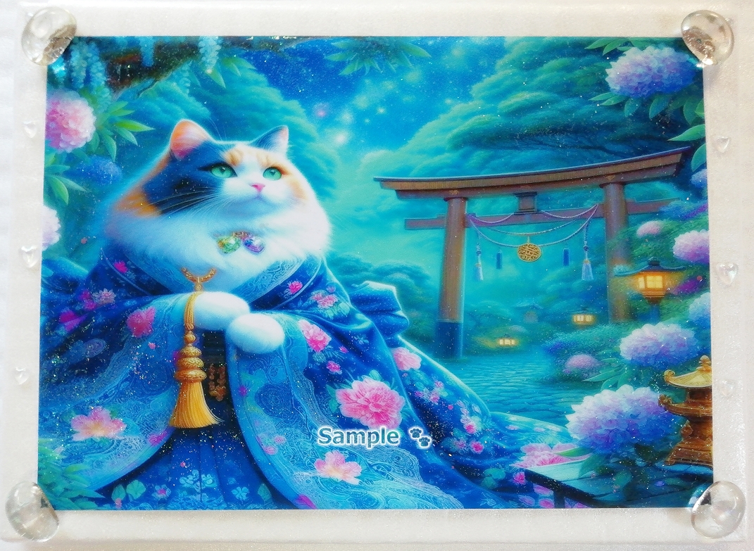 Empire des chats 91 A4 Chat calico kimono peinture dessinée à la main art CG original