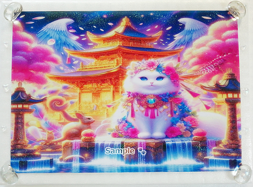 Art hand Auction ネコ日本帝国 76 神社と白猫 手描き&CG 絵画イラストオリジナル原画 A4