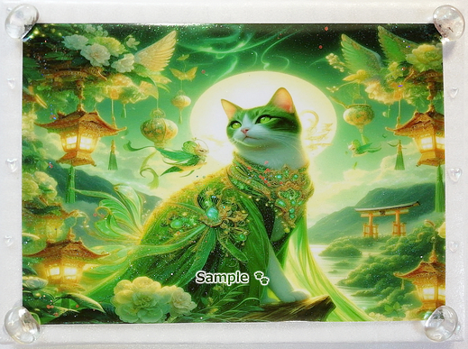 Art hand Auction 猫帝国 86 A4 神社绿猫 手绘绘画CG原创艺术