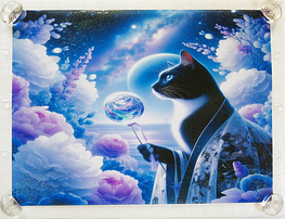 Art hand Auction ネコ日本帝国 01 夜海と白黒猫 手描き&CG 絵画イラストオリジナル原画 A4