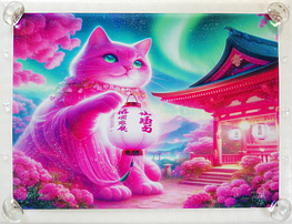 Art hand Auction ネコ日本帝国 106 神社とピンク猫 手描き&CG 絵画イラストオリジナル原画 A4