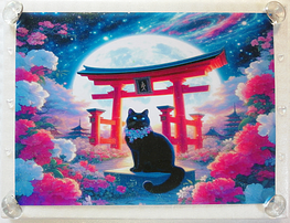 Art hand Auction ネコ日本帝国 111 神社鳥居と黒猫 手描き&CG 絵画イラストオリジナル原画 A4