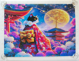 Art hand Auction ネコ日本帝国 40 着物と白黒猫 手描き&CG 絵画イラストオリジナル原画 A4