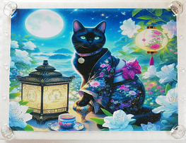 Art hand Auction ネコ日本帝国 45 着物と黒猫 手描き&CG 絵画イラストオリジナル原画 A4