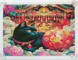Art hand Auction ネコ日本帝国 49 神社と黒猫 手描き&CG 絵画イラストオリジナル原画 A4