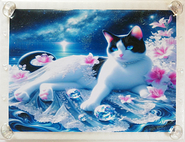 Art hand Auction ネコ日本帝国 64 夜海と白黒猫 手描き&CG 絵画イラストオリジナル原画 A4