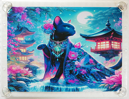 Art hand Auction ネコ日本帝国 85 神社と黒猫 手描き&CG 絵画イラストオリジナル原画 A4